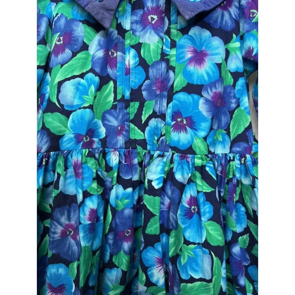 Vintage 80s Girls Dress Floral Pansy Pansies Prairie Cottagecore Blue Size 6X